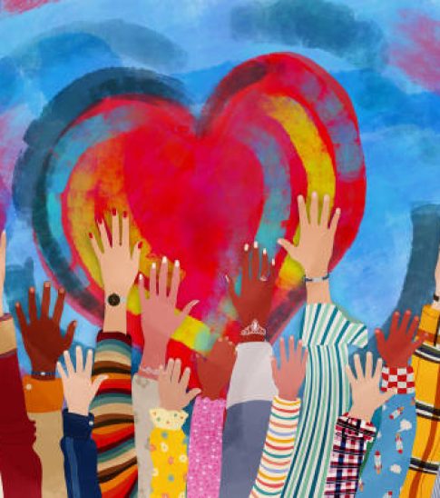 Possible use for association or volunteer community. Voluntary assistance cone. Expression of joy. Voting or election concept. Community of multi-ethnic and multicultural people. Racial equality. Cooperation and friendship between people. Families of parents, children, young people who volunteer.